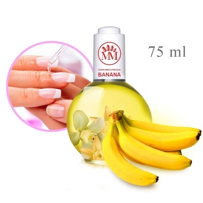 Frasco de óleo para cutículas banana 75 ml com imagem de mãos e bananas