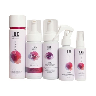 Produtos JNC Janice para cuidados capilares, embalagens brancas com rótulos coloridos
