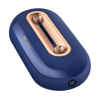 Dispositivo eletrônico azul com detalhes cobre e marcações numéricas