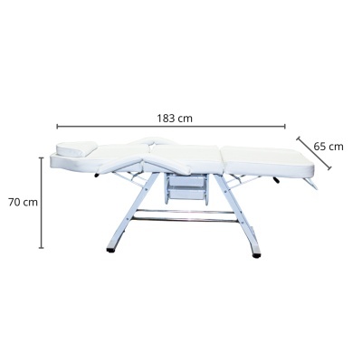 Cama de massagem branca com apoios ajustáveis e estrutura metálica
