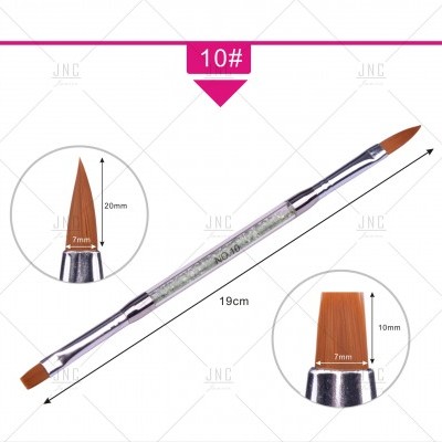 Pincel dupla-face número 10 com cerdas castanhas e cabo metálico translúcido