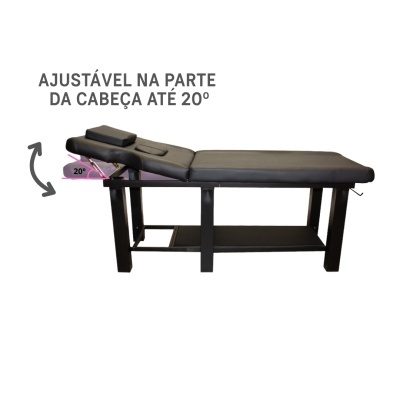 Cama de massagem preta com parte ajustável na cabeça até 20 graus