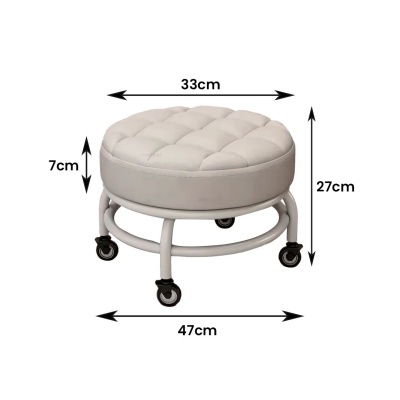 Banco redondo estofado cinza com pernas metálicas e rodas, fundo branco, medidas anotadas