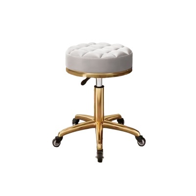 Banco giratório acolchoado cinzento com base dourada e rodízios