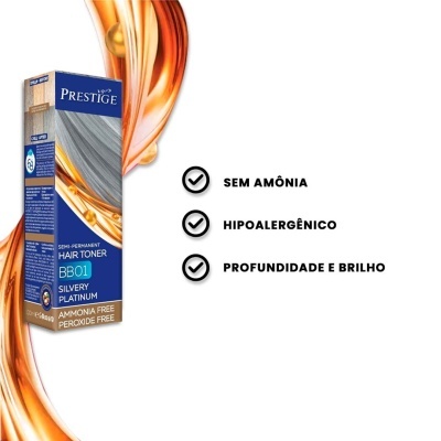 Embalagem do tonificante para cabelo BB01 Silvery Platinum da Prestige com texto descritivo do produto