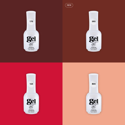 Quatro frascos brancos de verniz gel com números 170, 093, 164, B04 sobre fundos coloridos