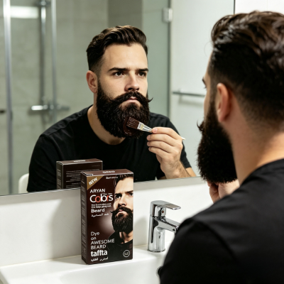 Homem a pintar a barba com produto de coloração ARYAN Colors na casa de banho