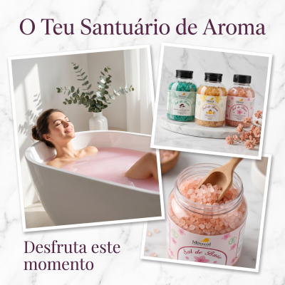 Mulher em banheira com água rosa, frascos de sal de banho de cores variadas e planta em jarra