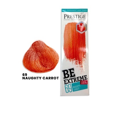 Tonalizante capilar Prestige cor 69 Naughty Carrot com amostra de cor laranja avermelhada e embalagem branca