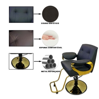 Cadeira de salão com estofado preto e base metálica dourada