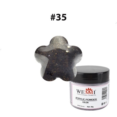 Pó acrílico preto com brilho WEMMI de 30g e amostra em forma de flor número 35