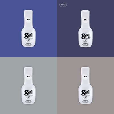 Quatro frascos de verniz gel JNC em diferentes fundos coloridos com números nas tampas.