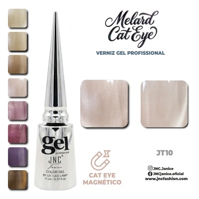 Verniz gel JNC Janice cat eye magnético prateado com amostras de cores metálicas