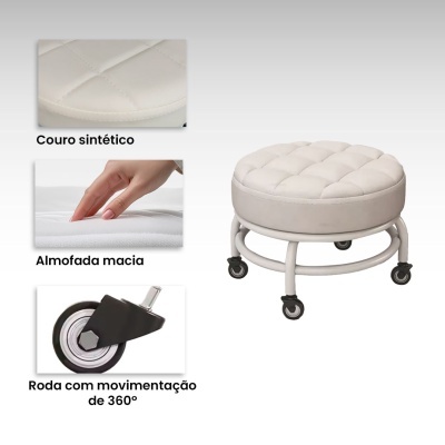 Pufe redondo bege em couro sintético com rodas giratórias