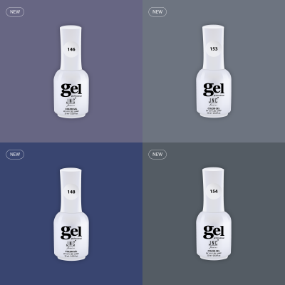 Quatro frascos brancos de verniz gel JNC em fundo azul, cinza e roxo com a etiqueta NEW