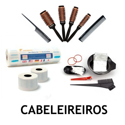 Conjunto de ferramentas de cabeleireiro com escovas, pentes, rolos de papel, tigela, pincéis e elásticos