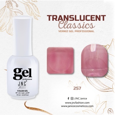 Frasco branco de verniz gel JNC e amostras cor translúcida rosa 257