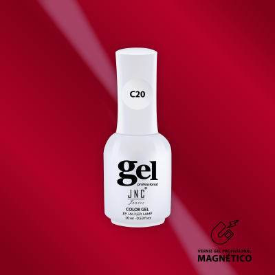 Frasco de verniz gel branco com texto e etiqueta C20 contra fundo vermelho com texto e ícone magnético