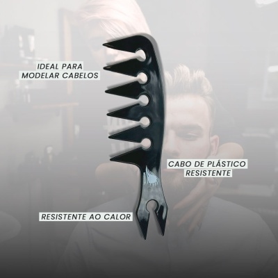 Pente preto com dentes largos e texto descritivo em português sobre cabelo e resistência