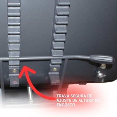 Alavanca e tiras para ajuste de altura do encosto com texto explicativo.