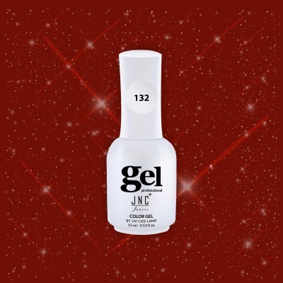 Frasco branco de verniz gel profissional com número 132 em fundo vermelho brilhante.