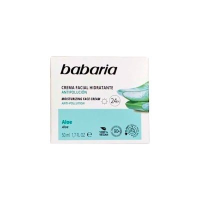 Caixa de creme facial hidratante Babaria com aloe e texto em branco, preto e azul