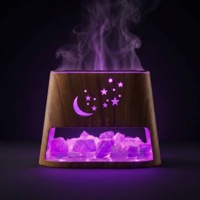 Difusor de aroma em madeira com luzes roxas e vapor