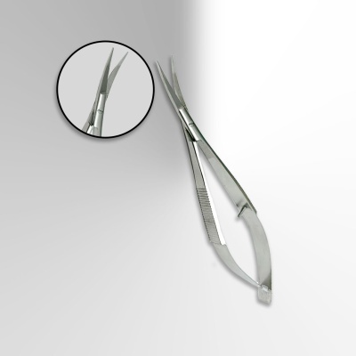 Tesoura cirúrgica em aço inoxidável com lâminas curvas e cabo anatómico