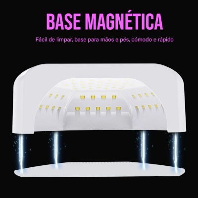 Lâmpada LED branca com base magnética, texto em rosa e lilás