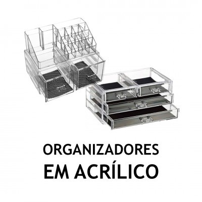 Organizadores em acrílico transparente com divisórias e gavetas