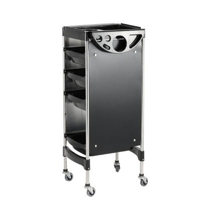 Carrinho de salão preto com estrutura metálica e rodas