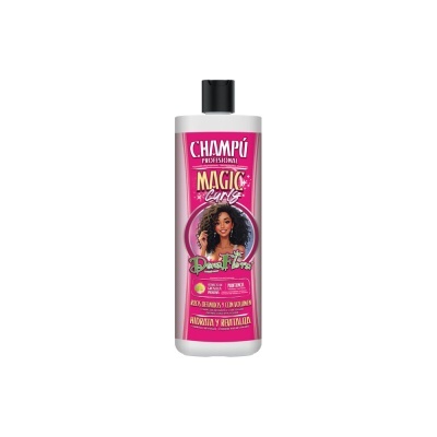 Frasco de champô Magic Curls Dona Flor cor rosa com figura de mulher de cabelos encaracolados e texto em espanhol.