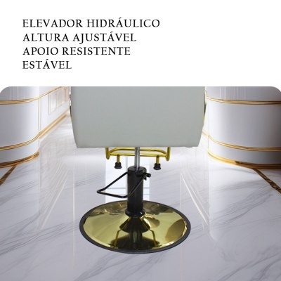Cadeira hidráulica branca com base dourada e texto informativo em português