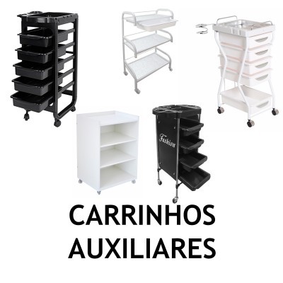 Carrinhos auxiliares de várias cores e estilos com texto CARRINHOS AUXILIARES