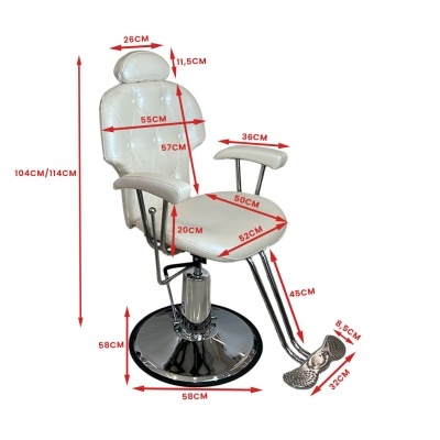 Cadeira de barbearia branca com base cromada e apoios almofadados