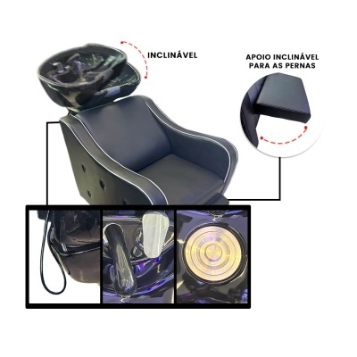 Cadeira preta inclinável para lavagem de cabelo com lavatório e apoio para pernas