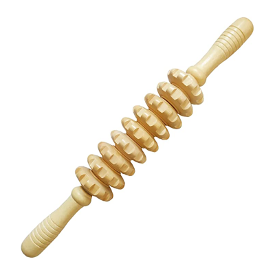 Rolo massajador de madeira com discos móveis e pegas ranhuradas