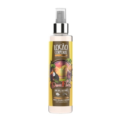 Frasco de loção corporal com tampa spray e rótulo amarelo com ilustração tropical