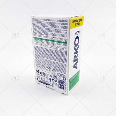 Caixa branca de produto ARKO MEN 150 ml com texto azul, verde e amarelo