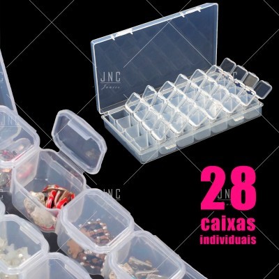 Caixas de plástico transparentes com compartimentos e texto '28 caixas individuais'