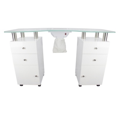 Mesa de manicure branca com tampo de vidro e gavetas