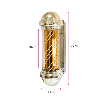Dispositivo cilíndrico cromado com interior laranja e branco montado em base metálica