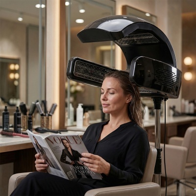 Mulher sentada em cadeira de cabeleireiro sob secador de cabelo a ler revista Vogue