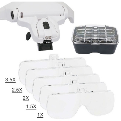 Lupas de aumento ajustáveis brancas com lentes adicionais e estojo de plástico preto