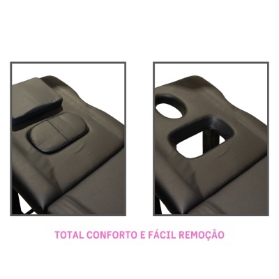 Cama de massagem preta com almofada removível e orifícios para conforto