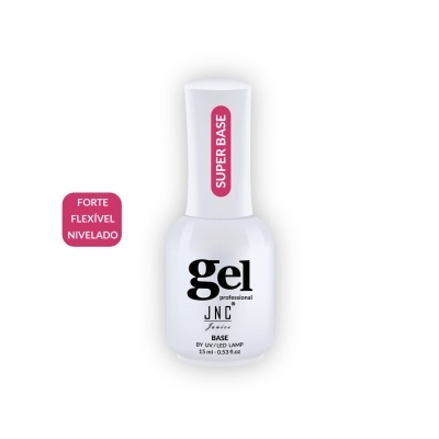 Frasco de verniz gel branco JNC Super Base com texto em rosa e preto