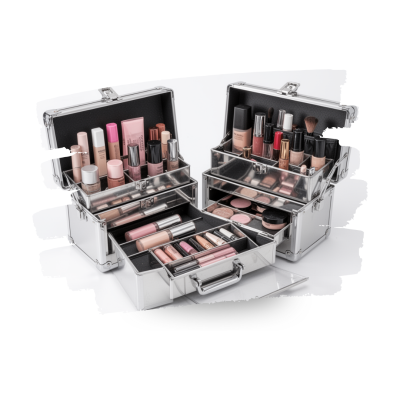 Organizadores metálicos abertos com maquilhagem em várias cores sobre superfície branca.