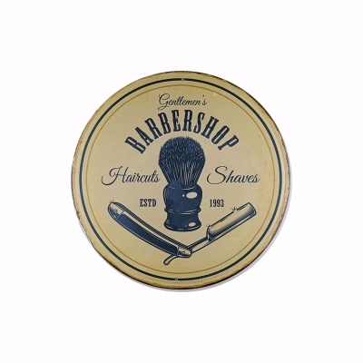 Placa decorativa redonda vintage com tema barbearia em bege e azul