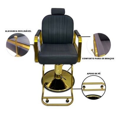 cadeira preta estofada com detalhes dourados em fundo branco