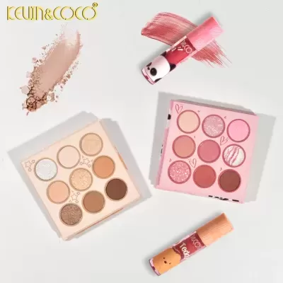 Paletas de sombras neutras e rosadas e dois batons líquidos decorados KEVIN&COCO